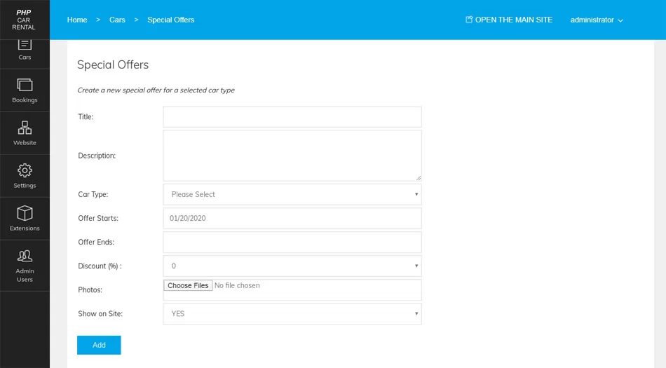 php car rental script Creating special offers