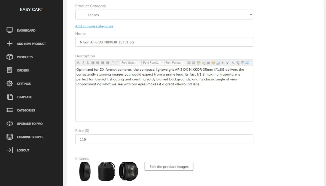 php cart script editing a product