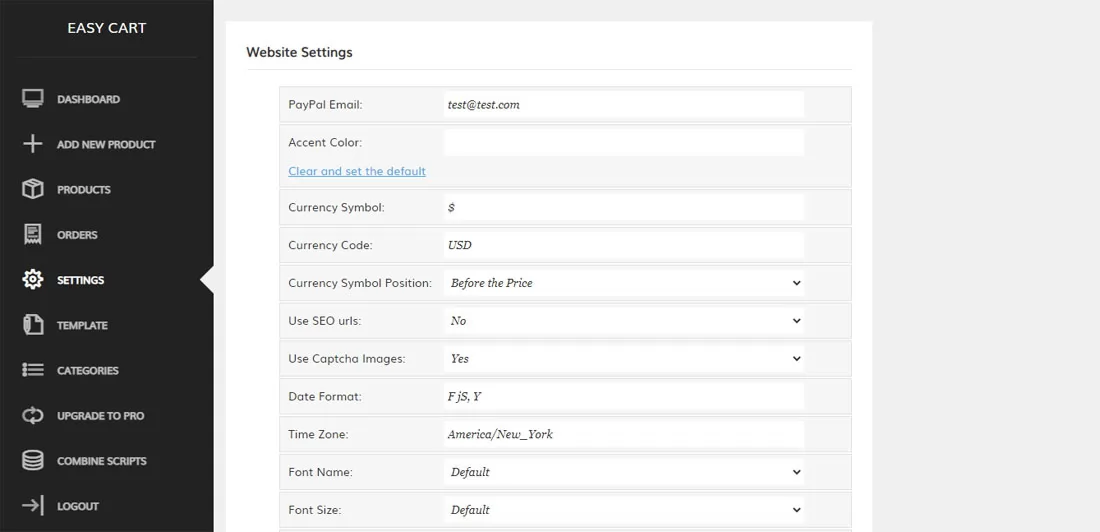 php cart script settings page in the admin panel