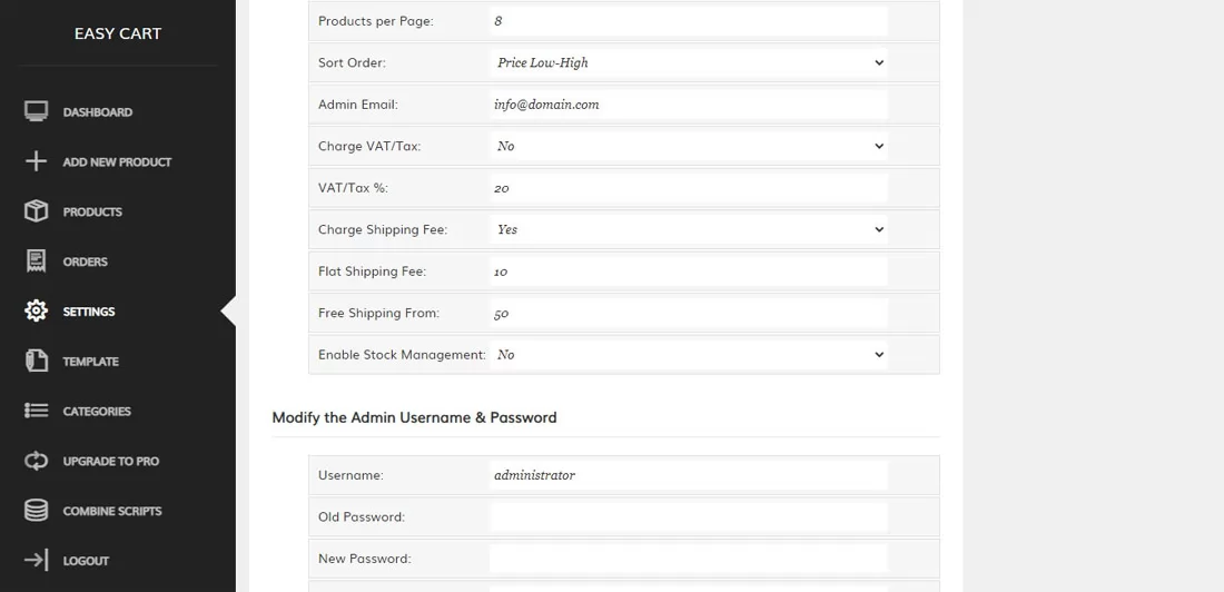 php cart script settings page in the admin panel (continued)