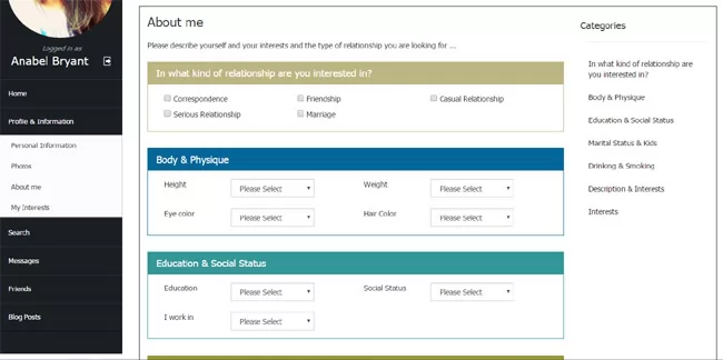php dating site script the about me page in the user admin panel
