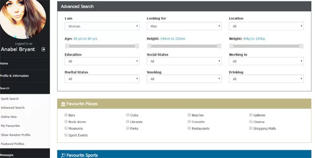 php dating site script the advanced search form