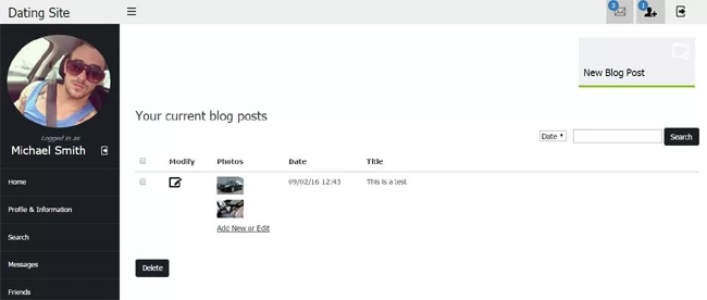 php dating site script making blog posts in the user admin panel