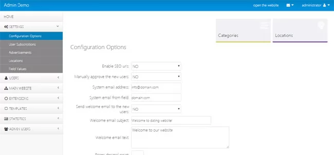 script del sitio de citas php Opciones de configuración