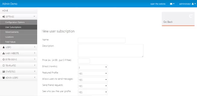 php dating site script Adding new subscription in the admin panel