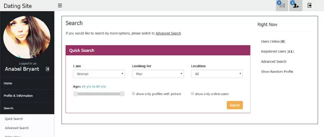 php dating site script quick search page