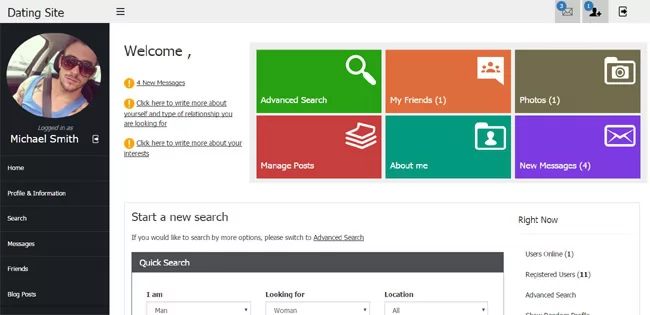 php dating site script dashboard of the user admin panel