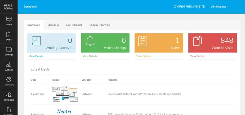 deals php script Dashboard of the admin panel