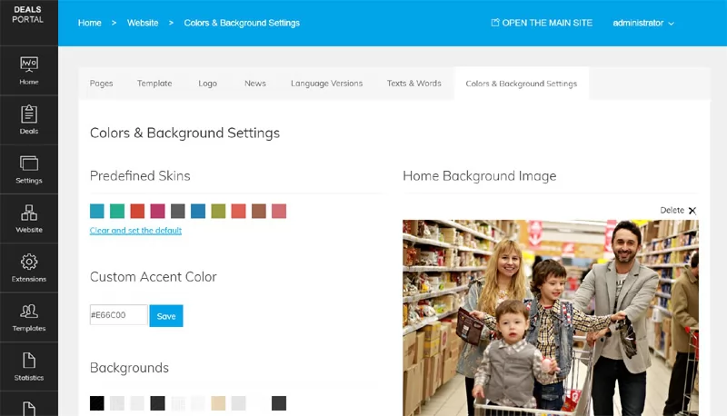 Customizing the site colors from the admin panel deals php script