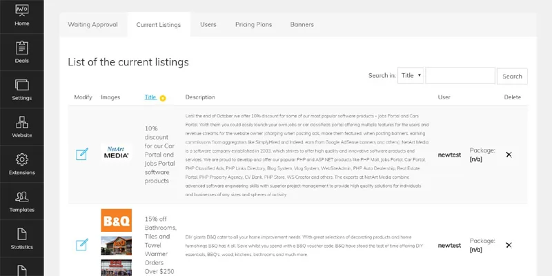 deals php script seeing the current listings in the admin panel