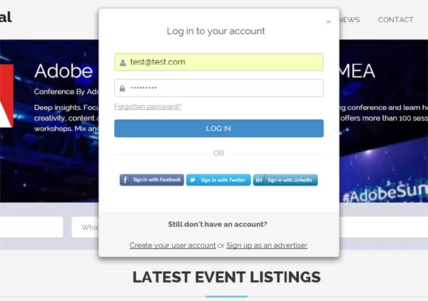 events script php The main website login form
