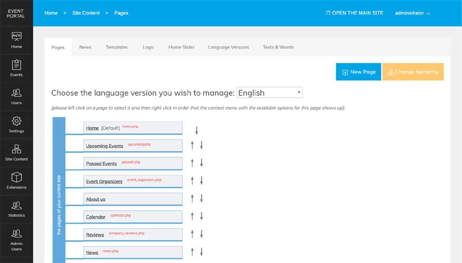 events script php managing the website pages