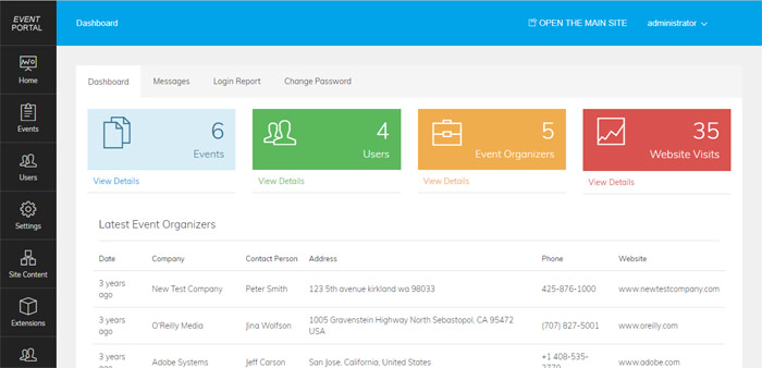 administration panel demo of Event Portal