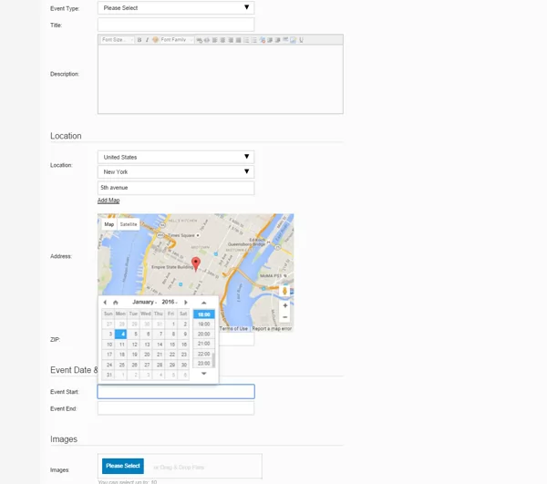 Posting a new event listing events script php