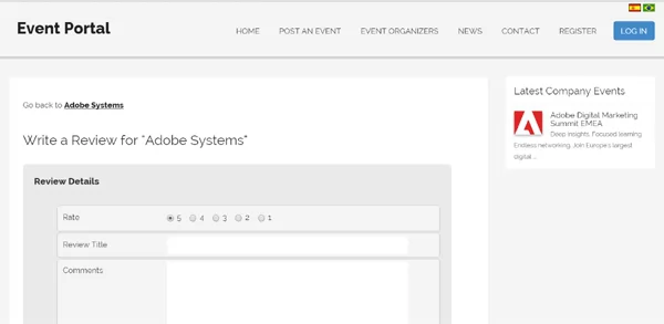 Write review and rate an event organizing company events script php