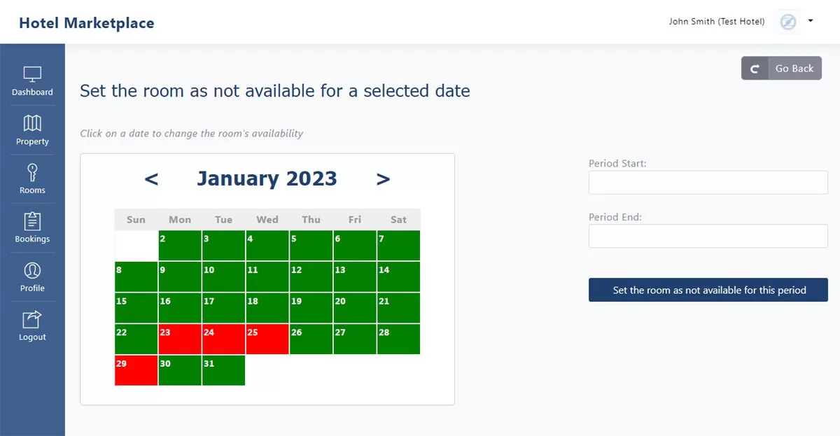 Blocking the availability for a selected date or period