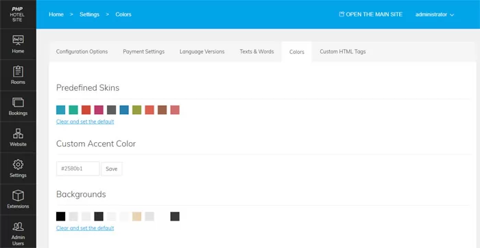 Customizing the site colors from the admin panel php hotel marketplace script