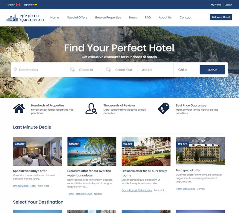 Home page of the front end php hotel marketplace script