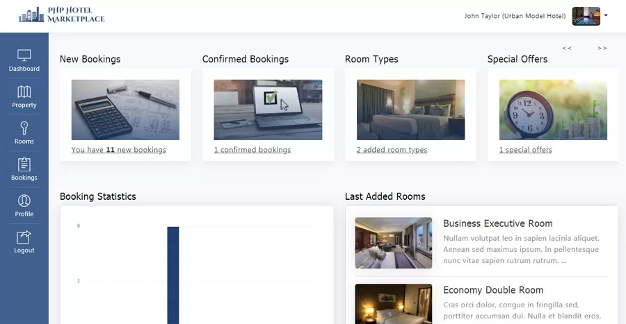 php hotel marketplace script dashboard of the hotel owner admin panel