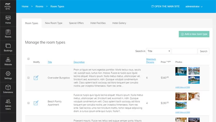 Manage the room types php hotel marketplace script