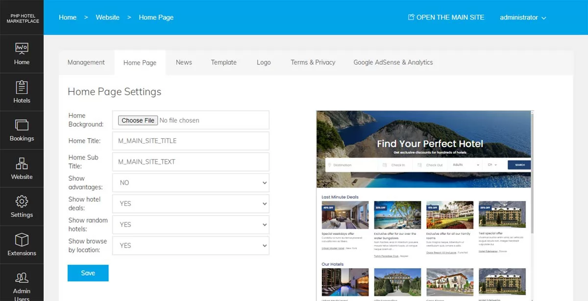 Front-end updates and new page in the admin panel to configure the Home Page sections