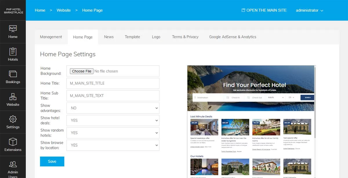 php hotel marketplace script Front-end updates and new page in the admin panel to configure the Home Page sections