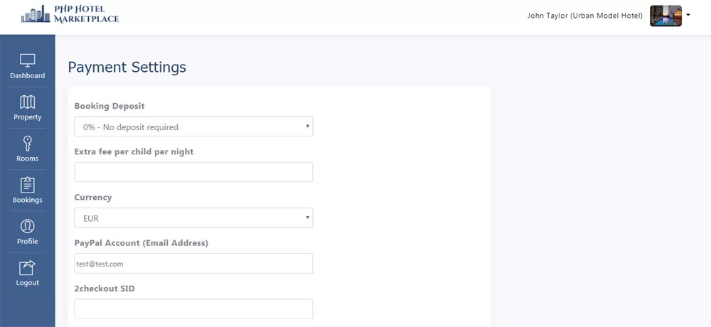 php hotel marketplace script setting the payment option