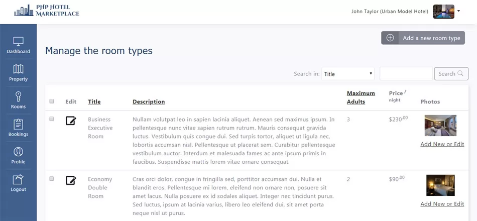 php hotel marketplace script managing the room types