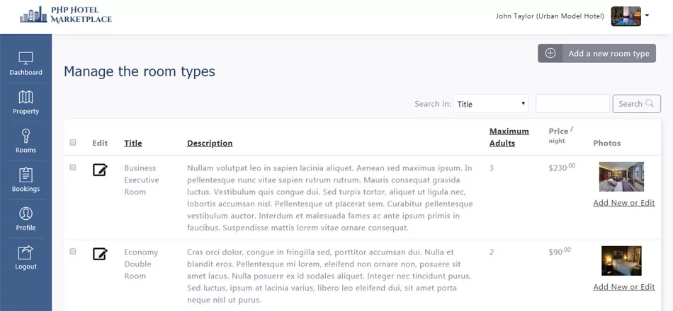 php hotel marketplace script Managing the room types
