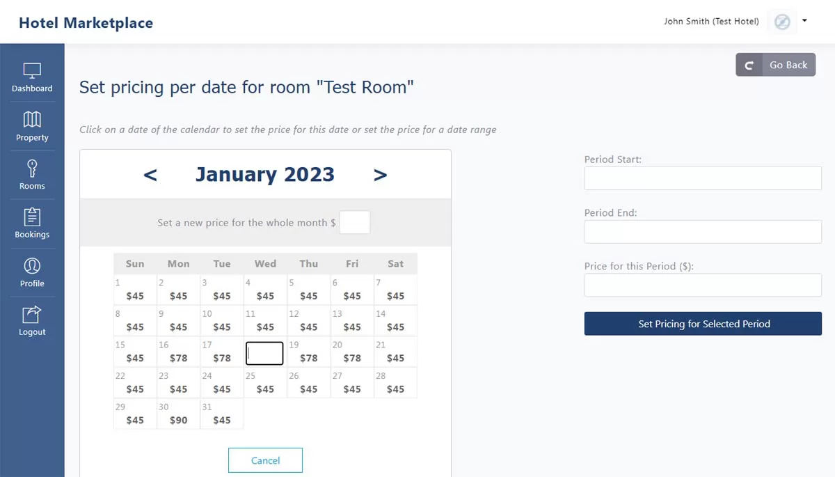New functionality to set the room prices per date or per period
