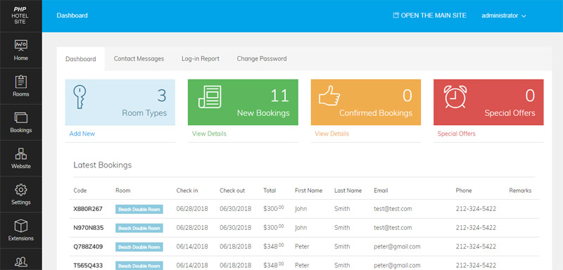 back office hotel site script php