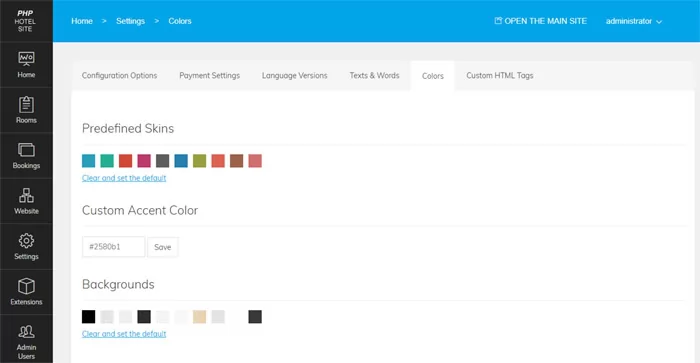 php hotel site script customizing the site colors from the admin panel