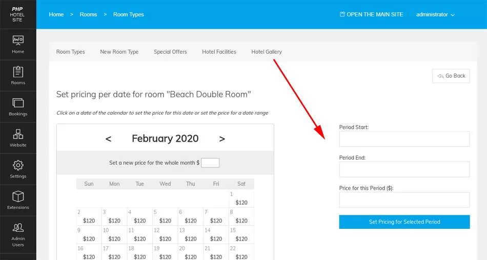 php hotel site script Setting the room pricing per date range