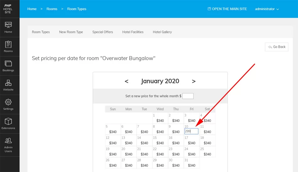 script del sitio del hotel php Nueva funcionalidad para establecer el precio de la habitación en un calendario