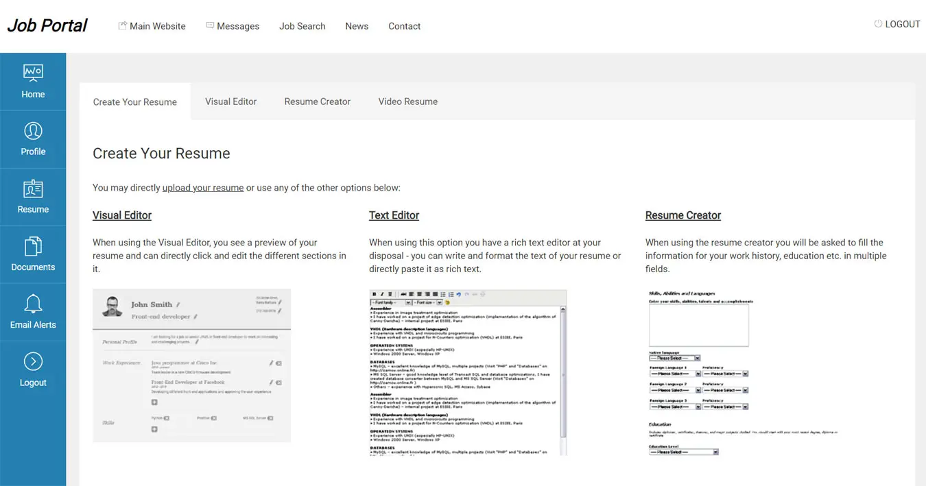 php job script creating a resume in the job seeker administration panel
