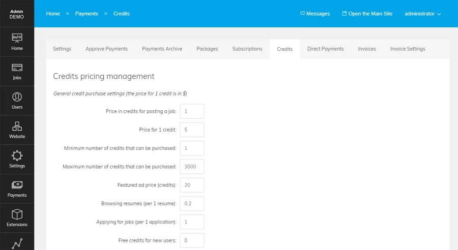 Script de trabajos PHP Página de configuración de créditos