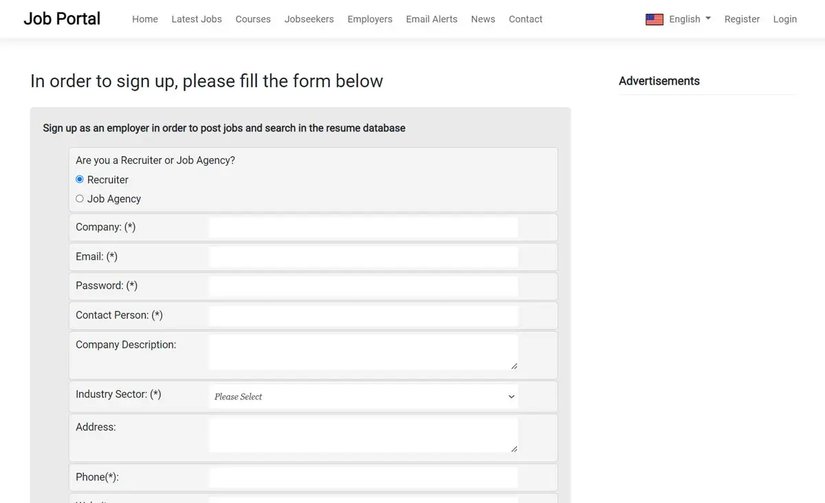 php job script employer registration form