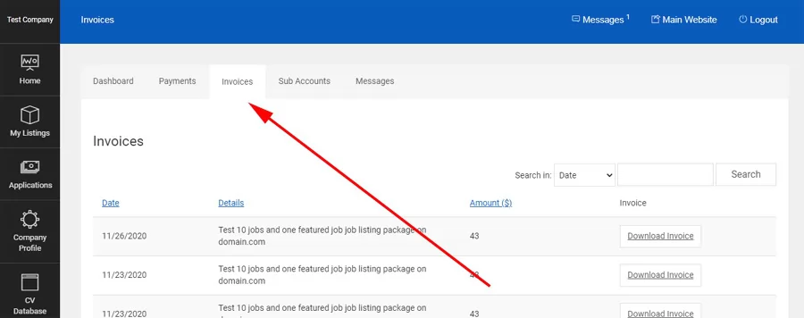 php job script New Invoices page in the employers administration panel