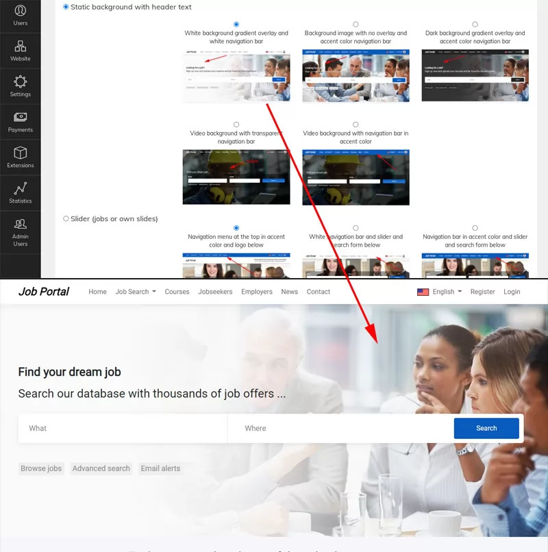 php job script New functionality to set the home page style and header
