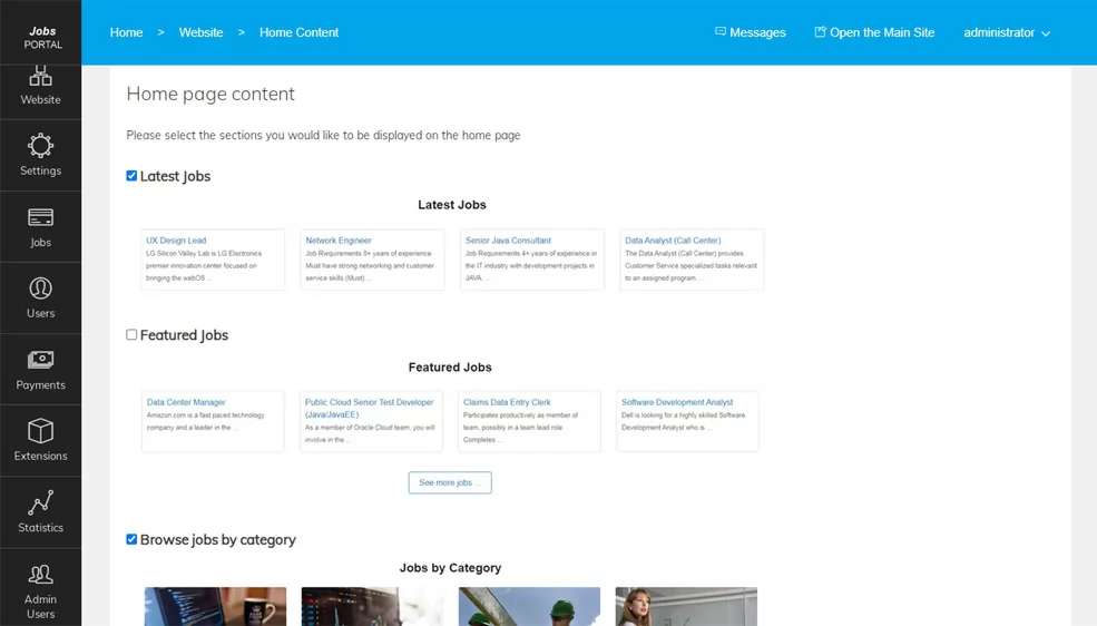 php job script New functionality to set the home page content and design