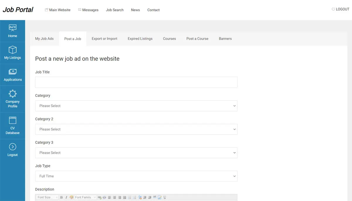 php job script the form for posting new jobs in the employer administration panel