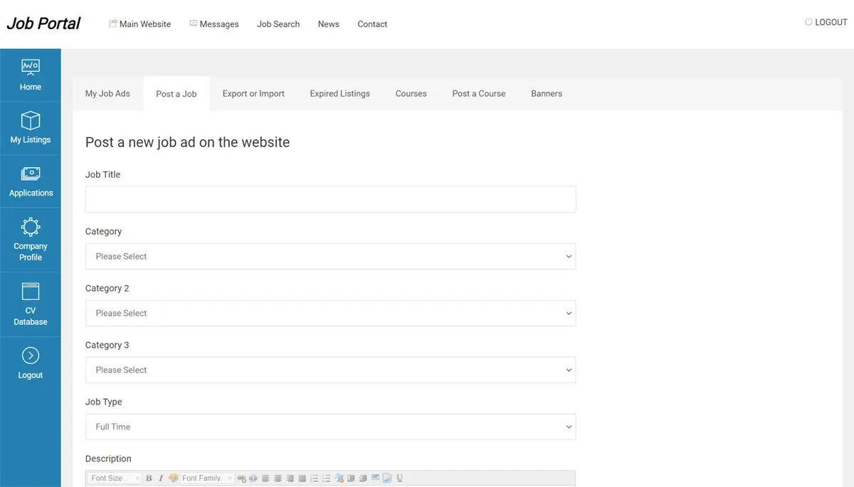 The form for posting new jobs in the employer administration panel php job script
