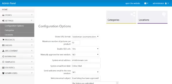 Opciones de configuración script de centro comercial php