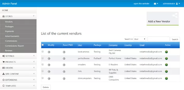 Vendors Page in the administration panel php mall script