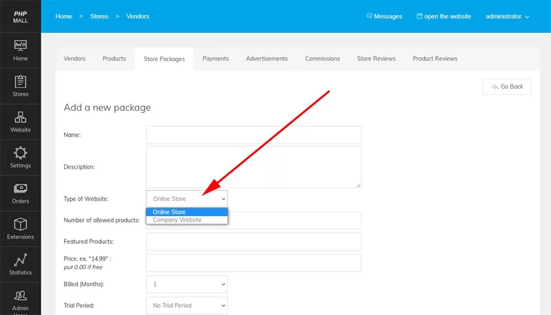 php mall script New feature to create store or company website packages