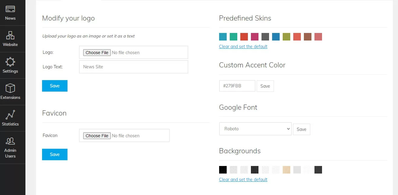php news script change the website colors,  fonts and background settings