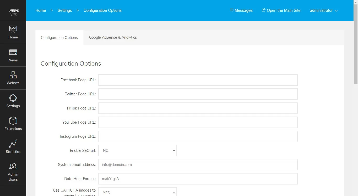 php news script Configuration options page in the admin panel