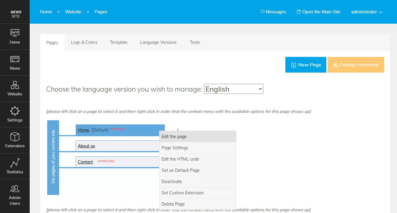 php news script manage the site pages and content
