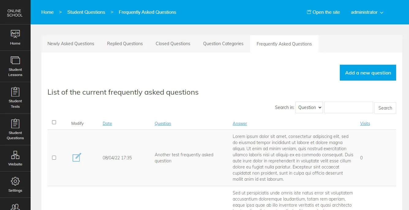 php online school script adding frequently asked questions in the main admin panel