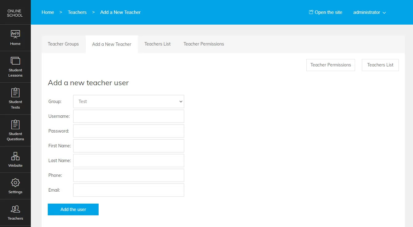 php online school script Adding a new teacher in the admin panel